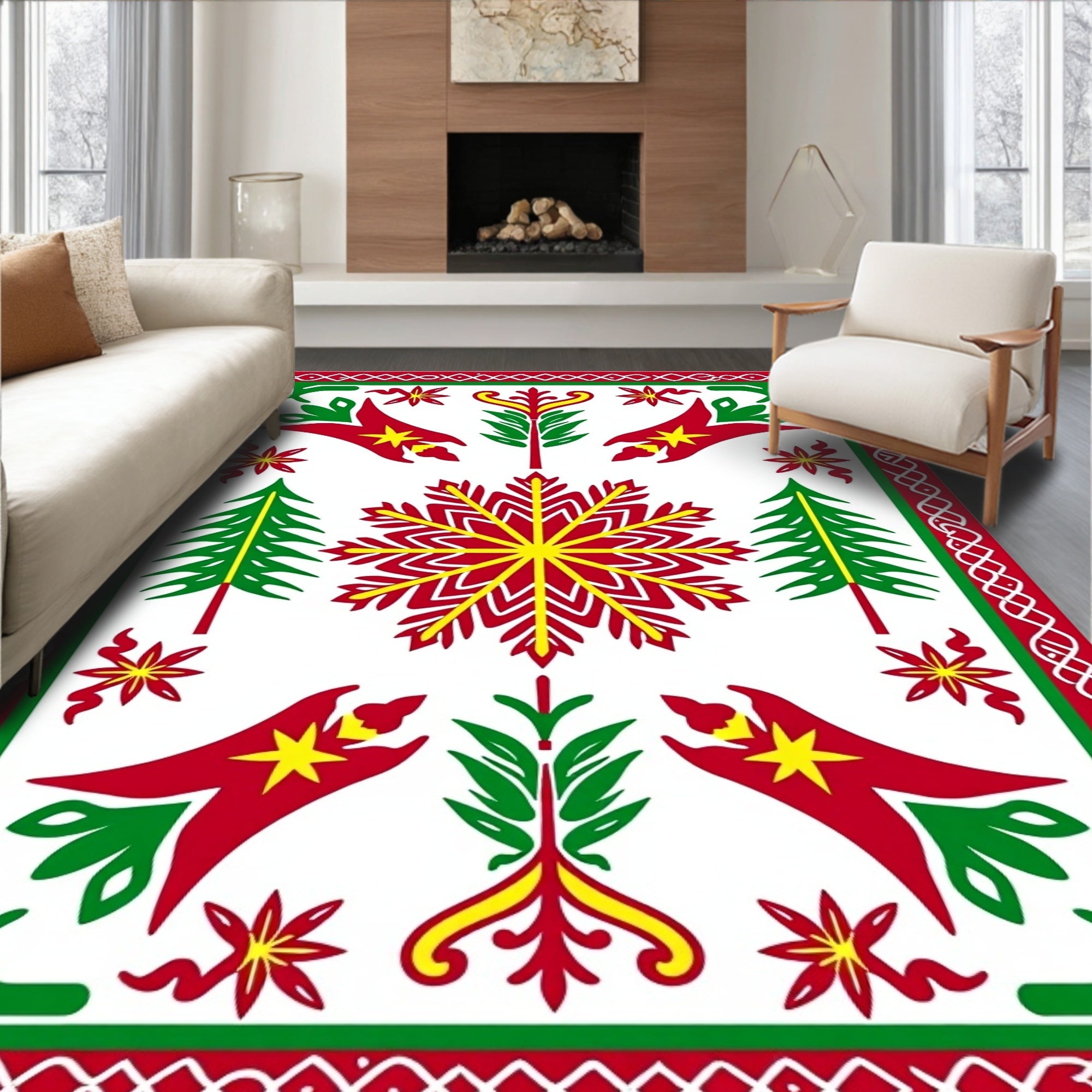 Bold Red Green Geometric Snowflake Tree Rug