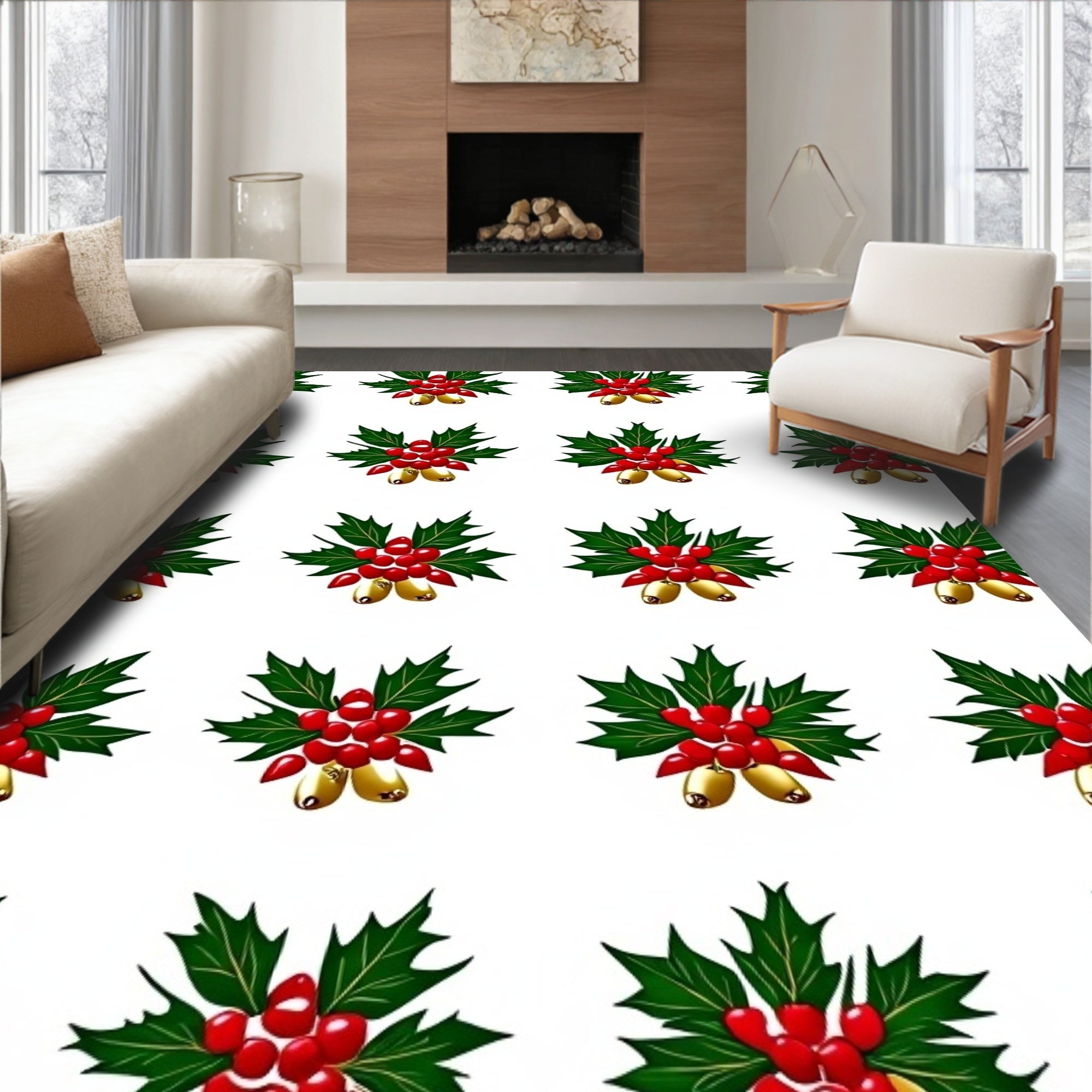 Red Holly Berry Gold Bell Cluster Rug