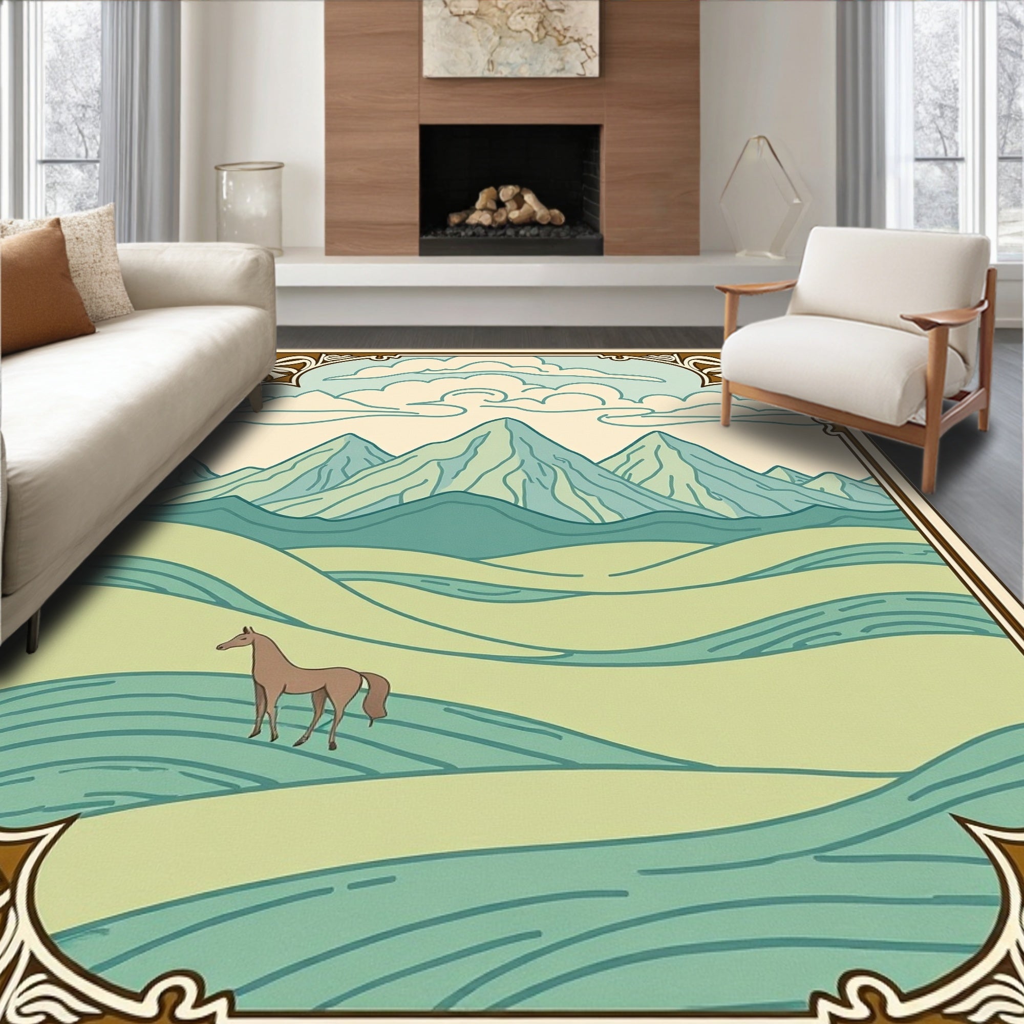 Pastoral Horse Mountain Landscape Rug