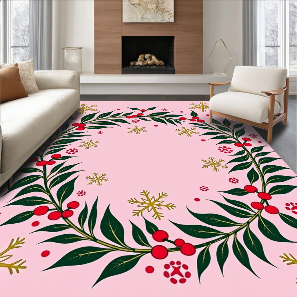Pink Festive Holly Berry Snowflake Wreath Rug
