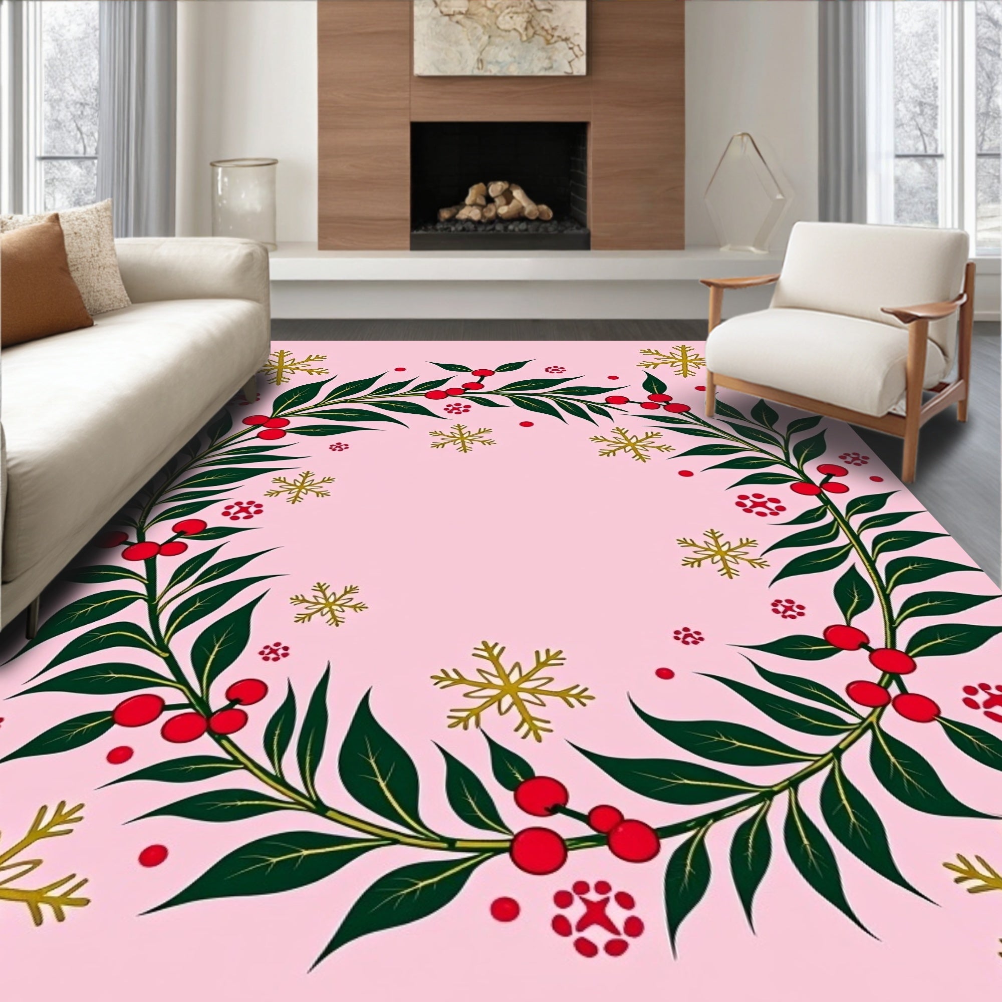 Pink Festive Holly Berry Snowflake Wreath Rug