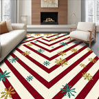 Crimson Snowflakes on Beige Stripes Rug