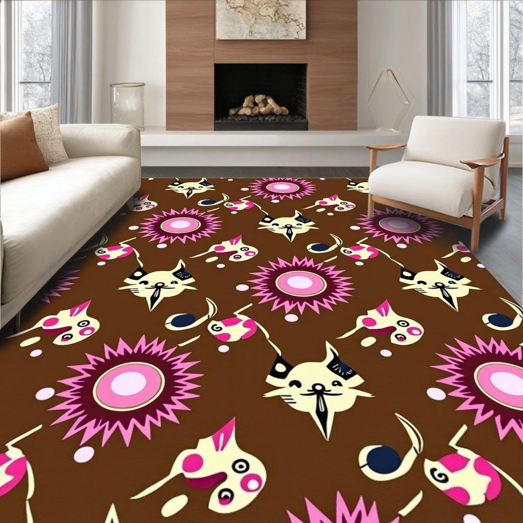 Brown Whimsical Pink Cat Flower Rug