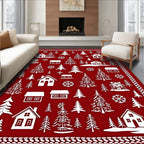 Cozy Red Winter Village Christmas Rug