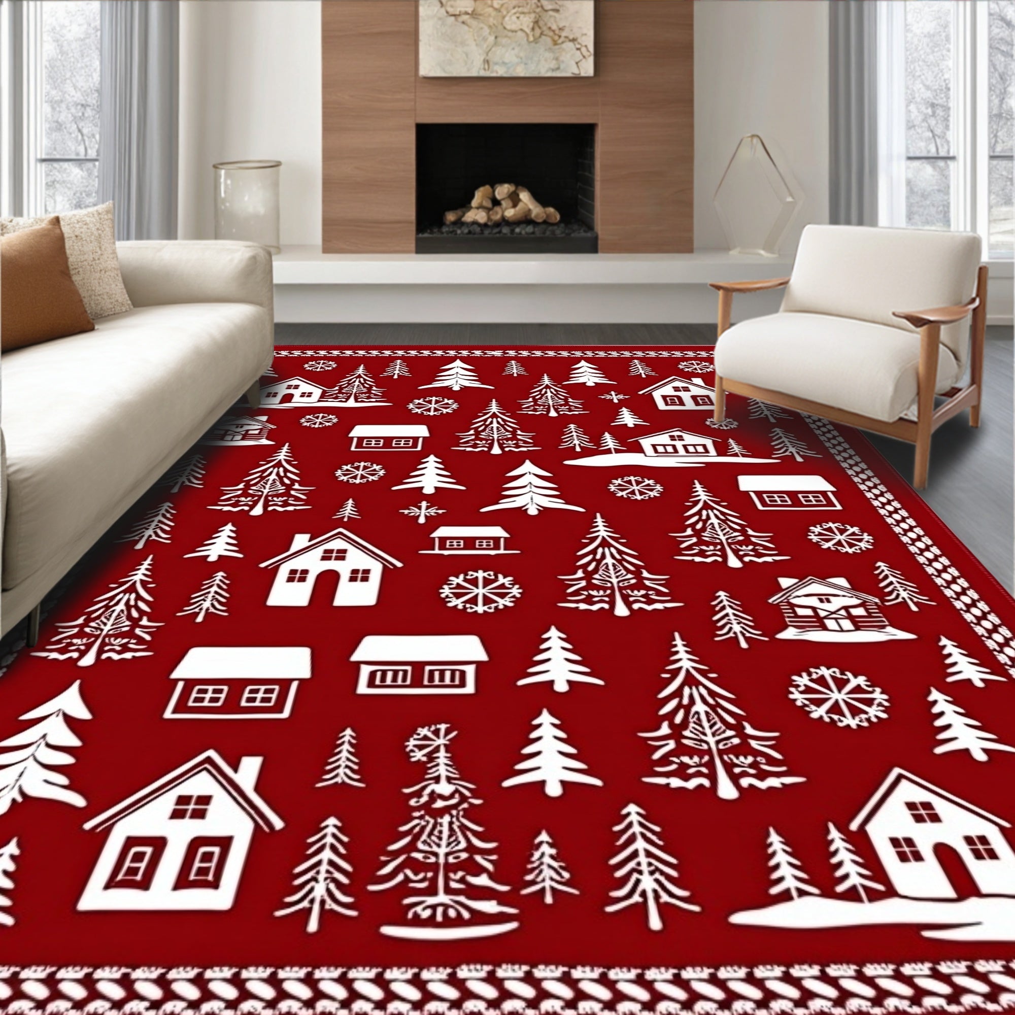 Cozy Red Winter Village Christmas Rug