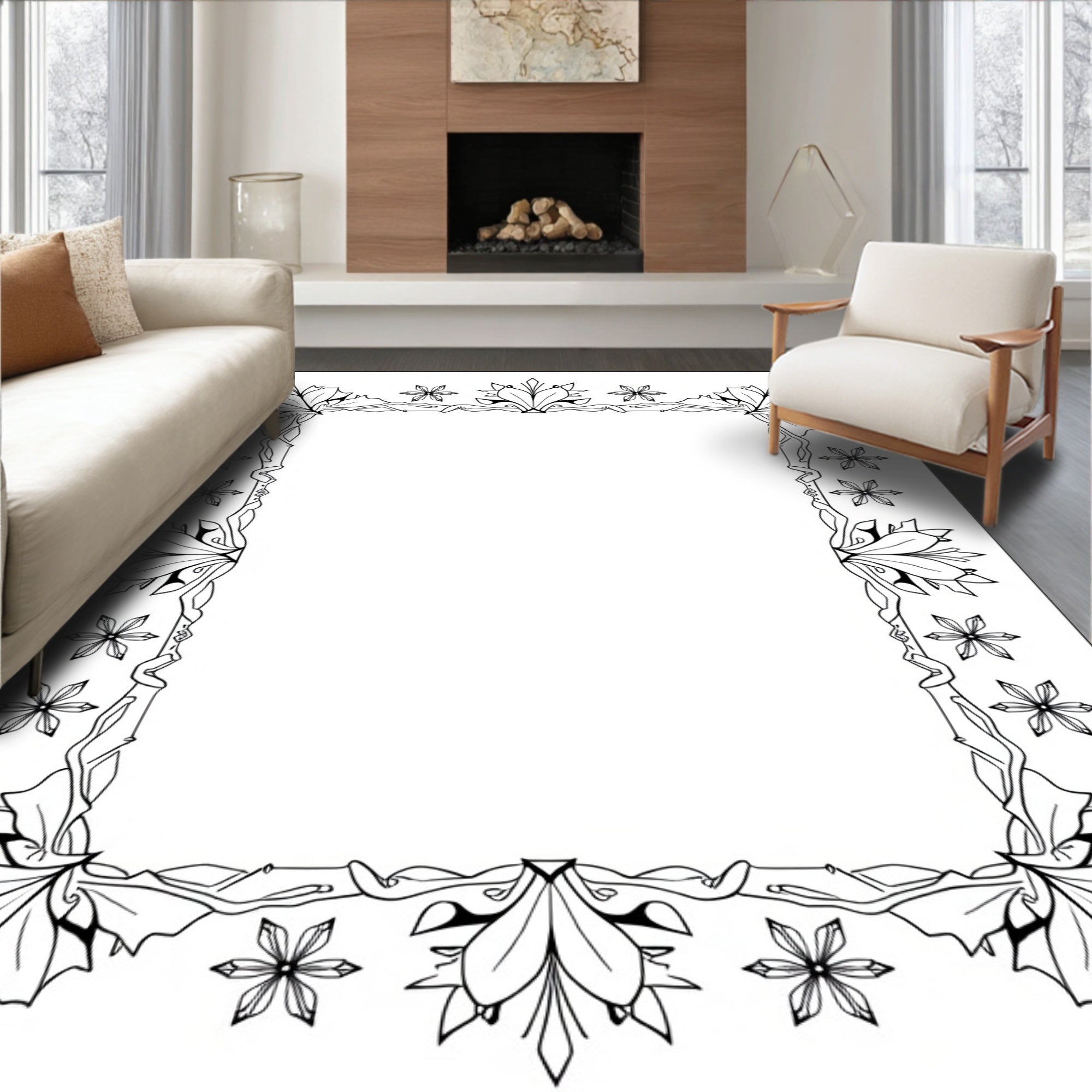 Outline Floral Vine Border Framing Elements Rug