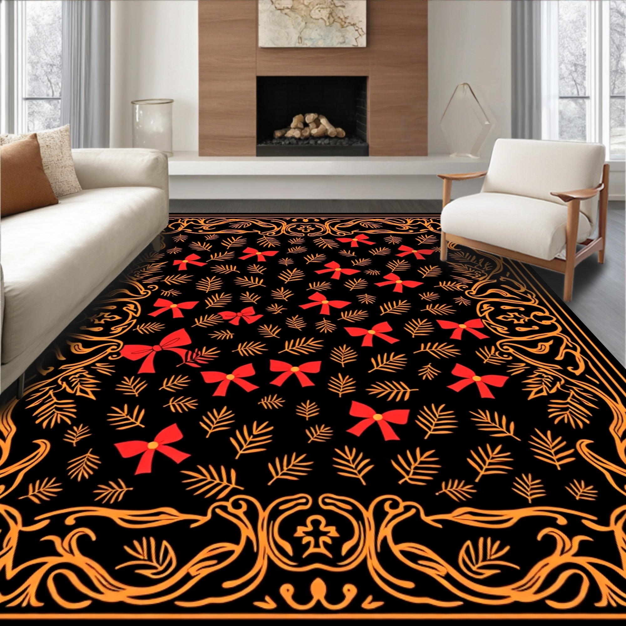 Whimsical Red Bow Fern Border Rug