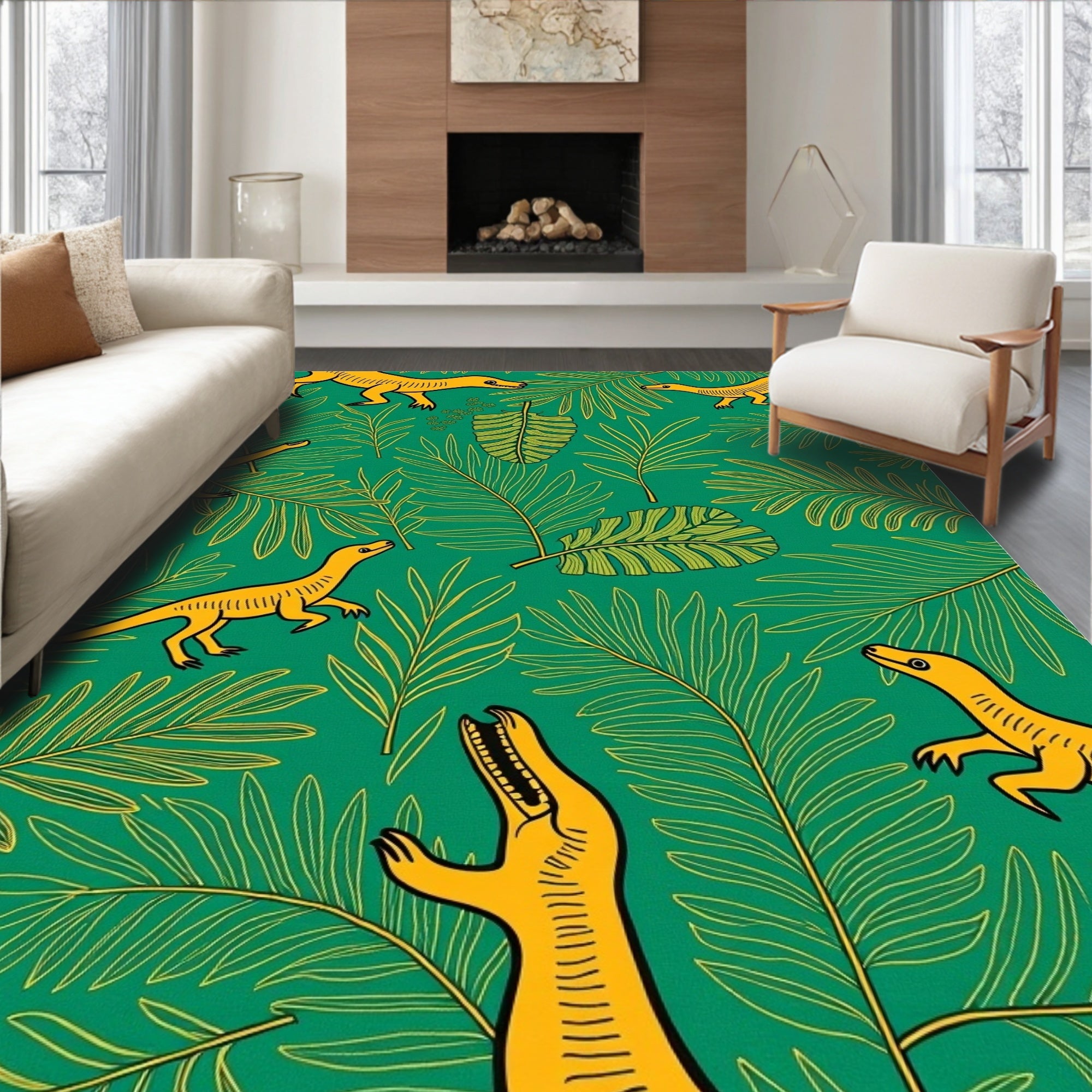 Yellow Dinosaurs Amidst Green Jungle Leaves Rug