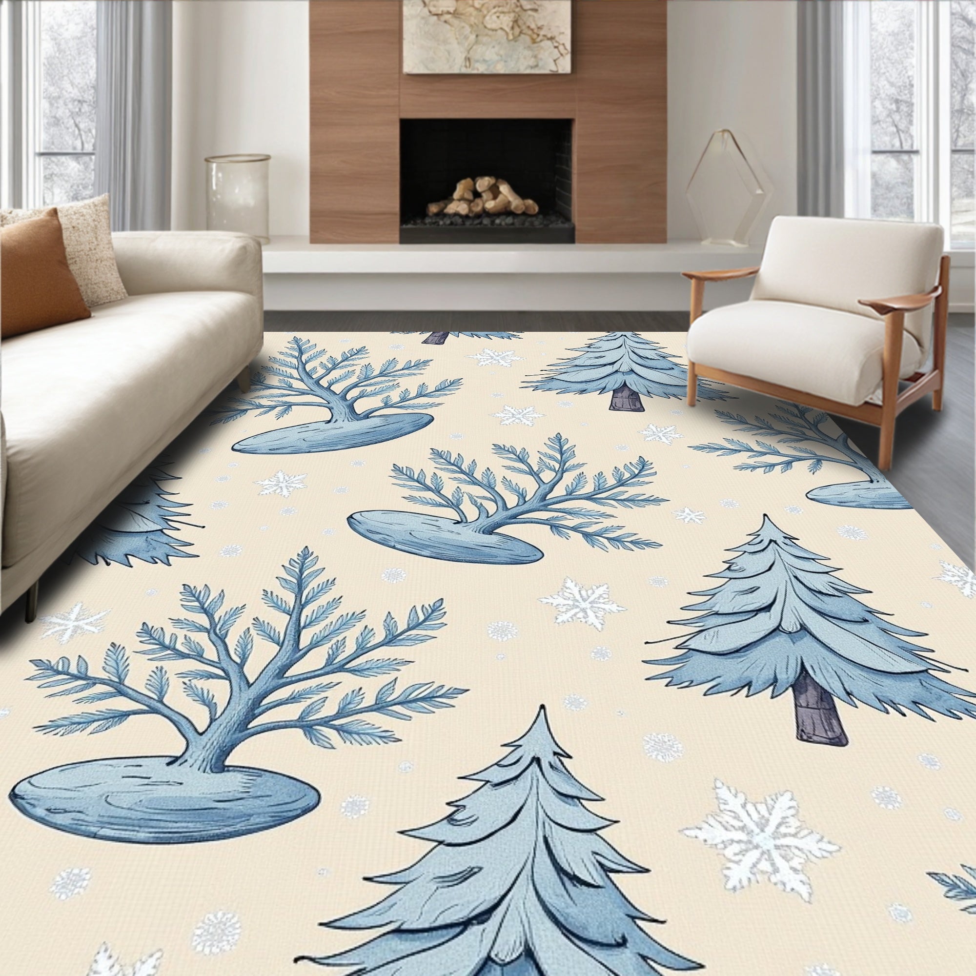 Winter Trees Snowflakes Neutral Tone Rug
