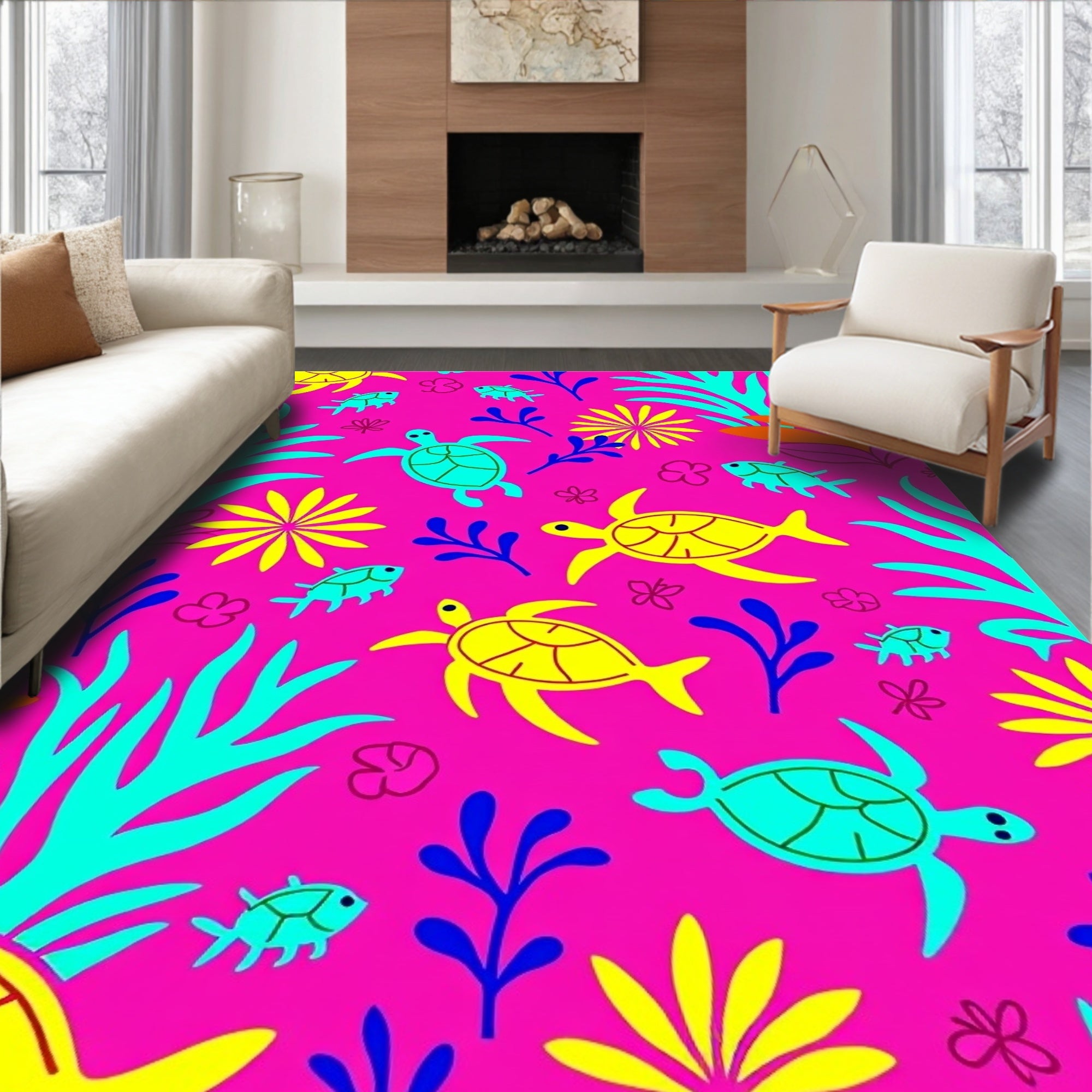 Whimsical Pink Turtle Fish Coral Rug