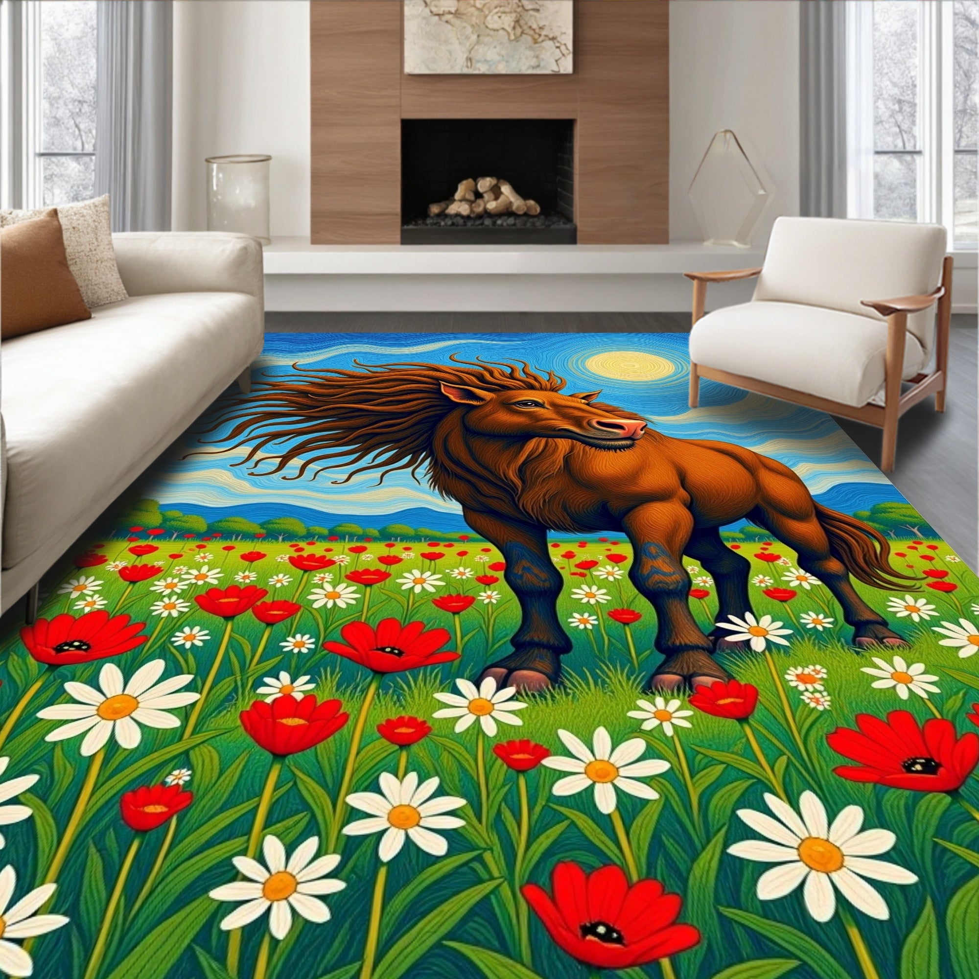 Majestic Horse Wildflower Meadow Sun Rug