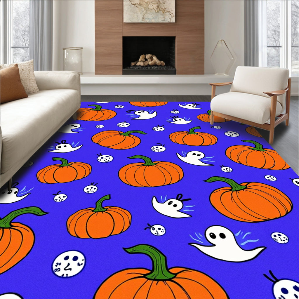 Spooky Orange Pumpkins Dancing Ghosts Rug