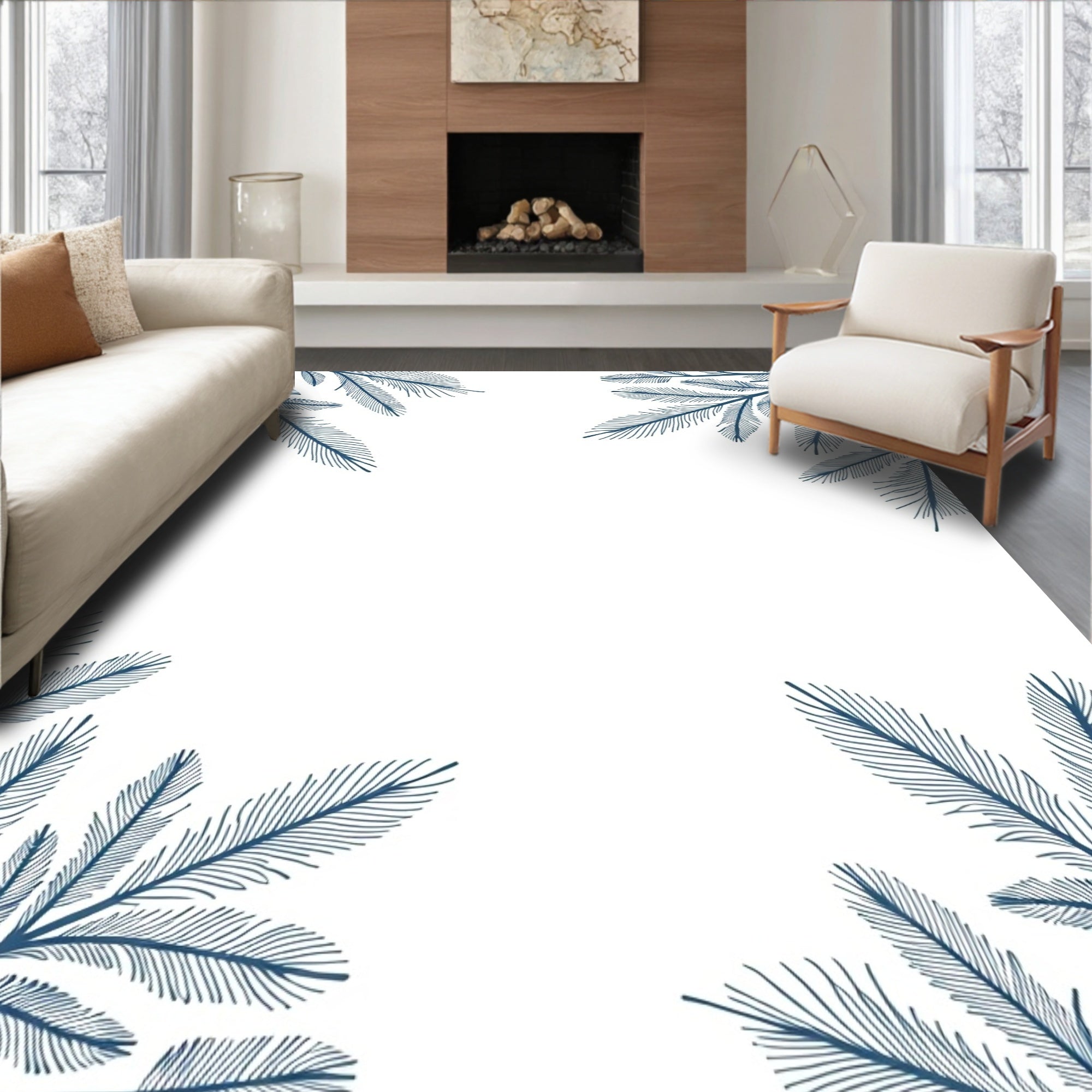 Deep Blue Feathered Branch Corner Accent Rug