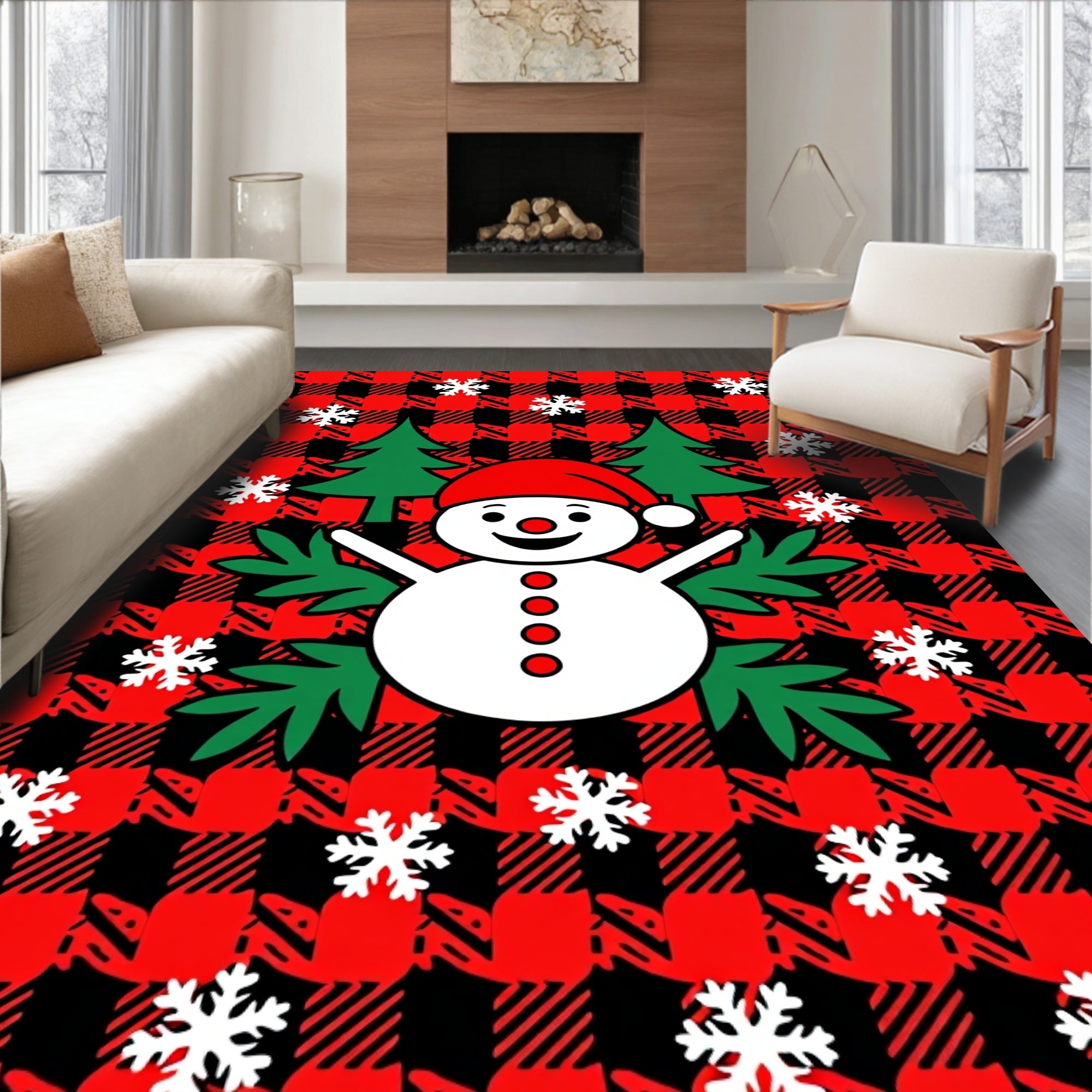 Red Black Buffalo Plaid Snowman Snowflakes Rug
