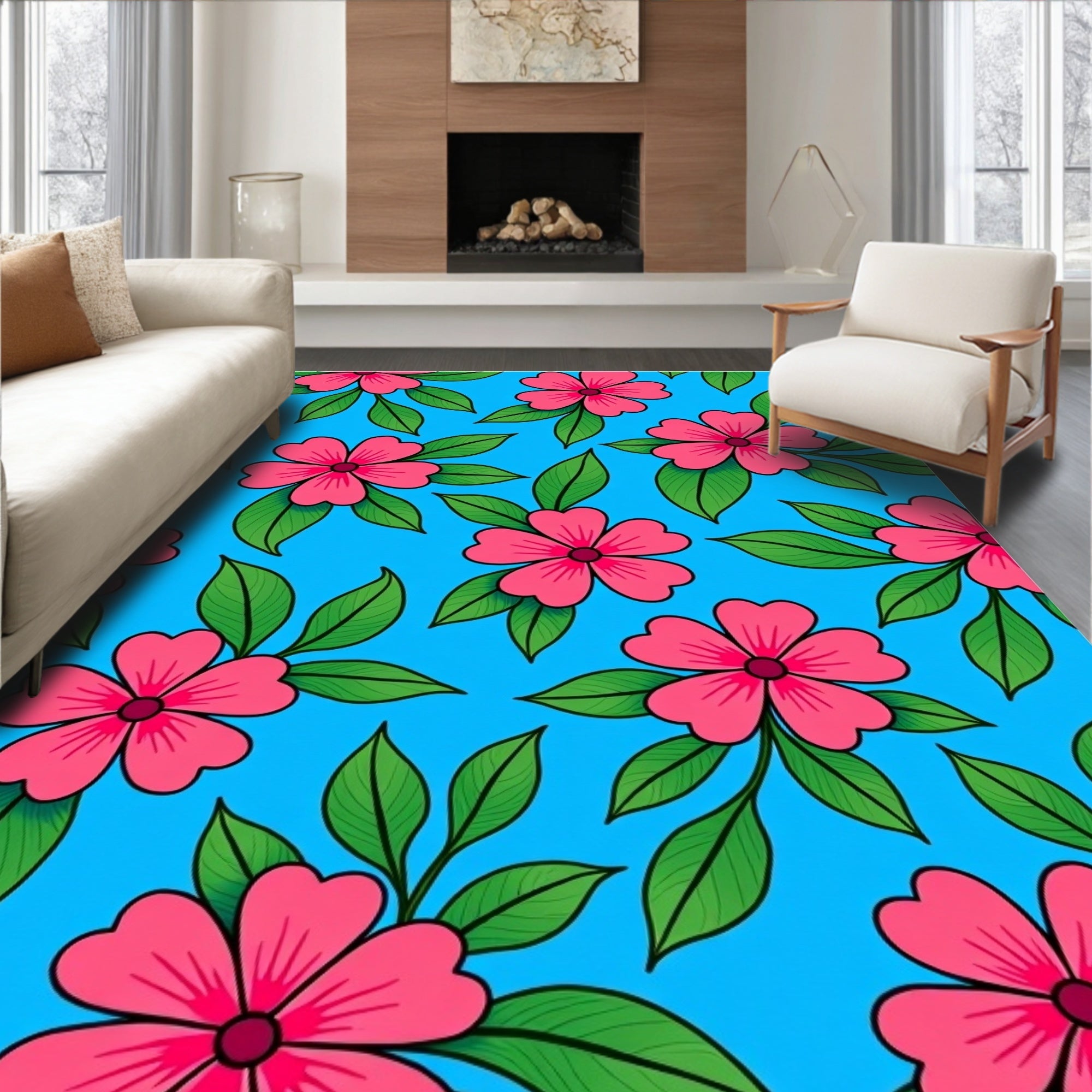 Vibrant Pink Blooming Floral Garden Rug