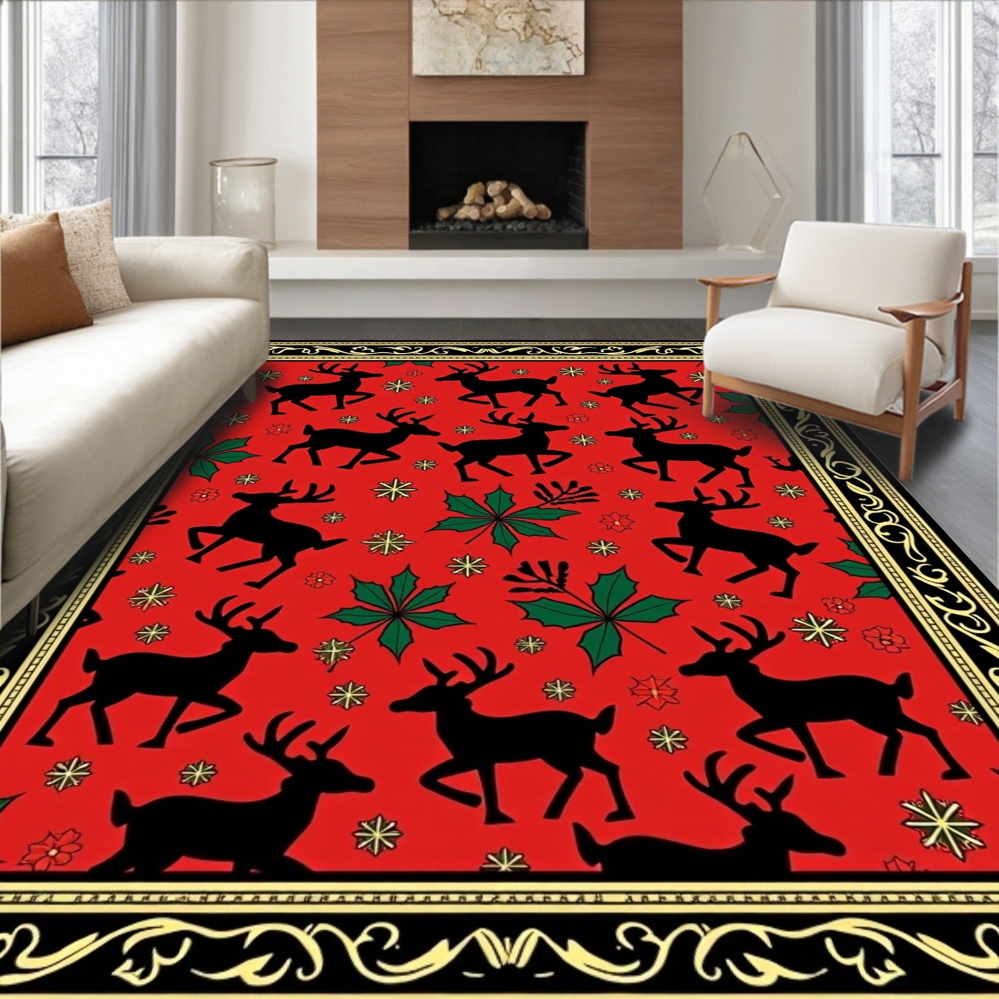 Red Black Reindeer Holly Scatter Rug