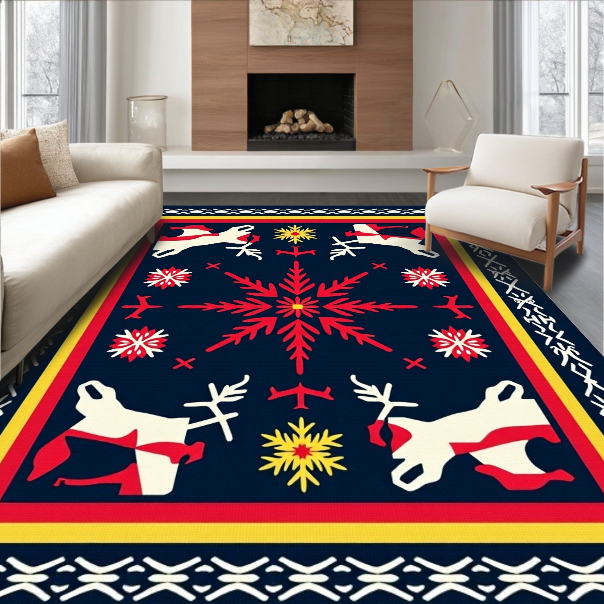 Bold Folk Art Animals Snowflake Rug