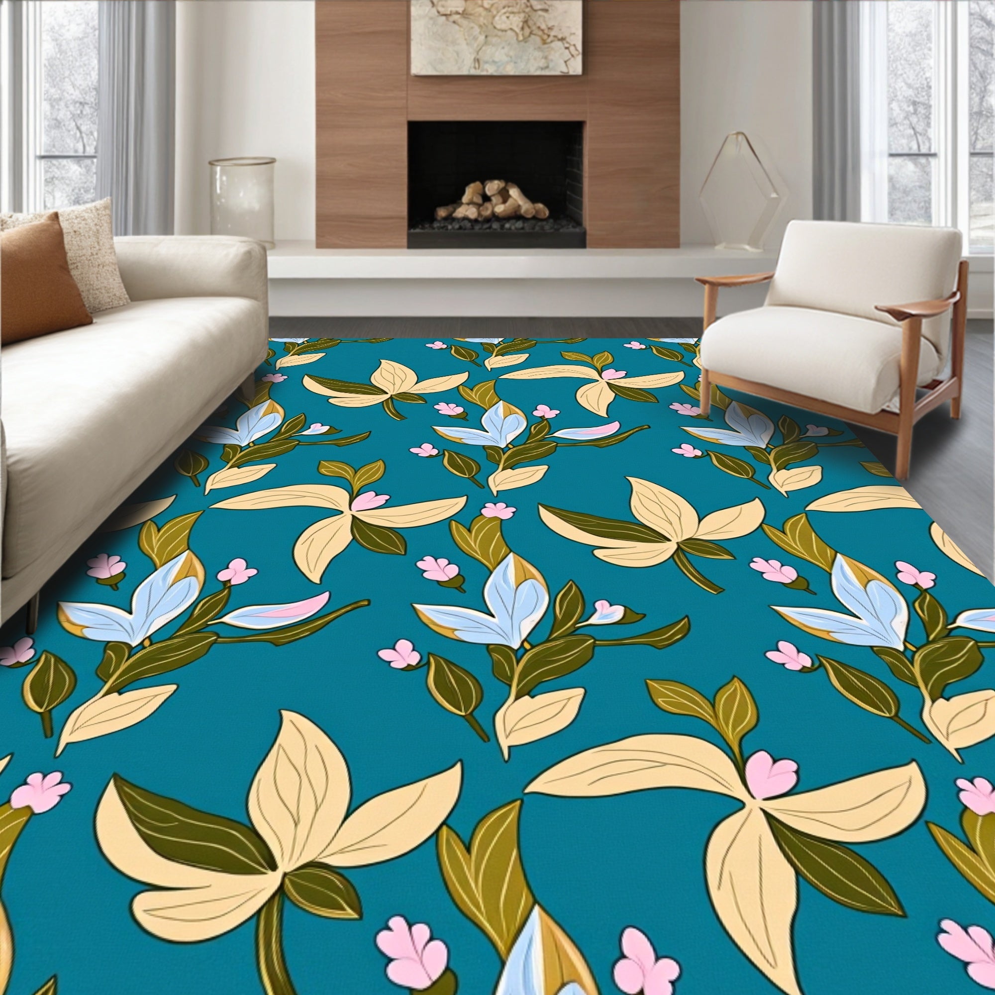 Teal Floral Botanical Leaf Bunch Rug