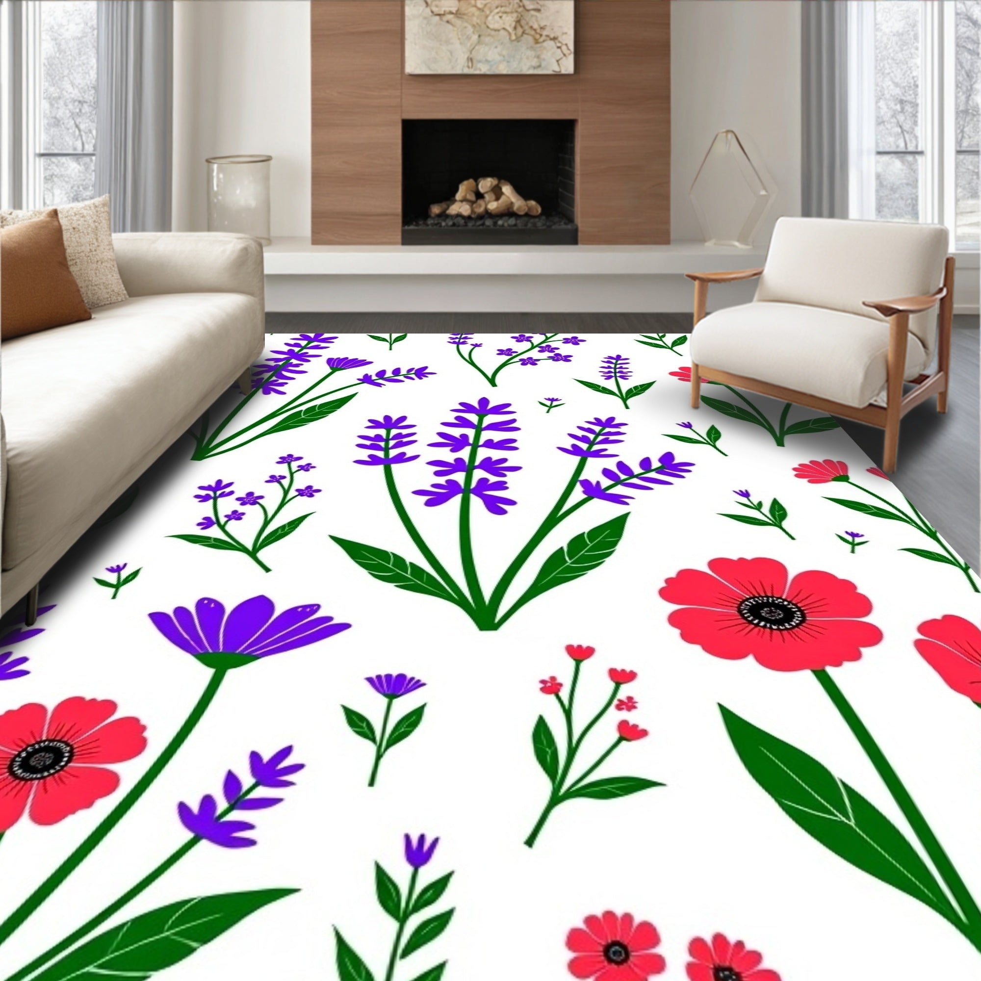Crimson Red Poppy And Lavender Sprigs Rug