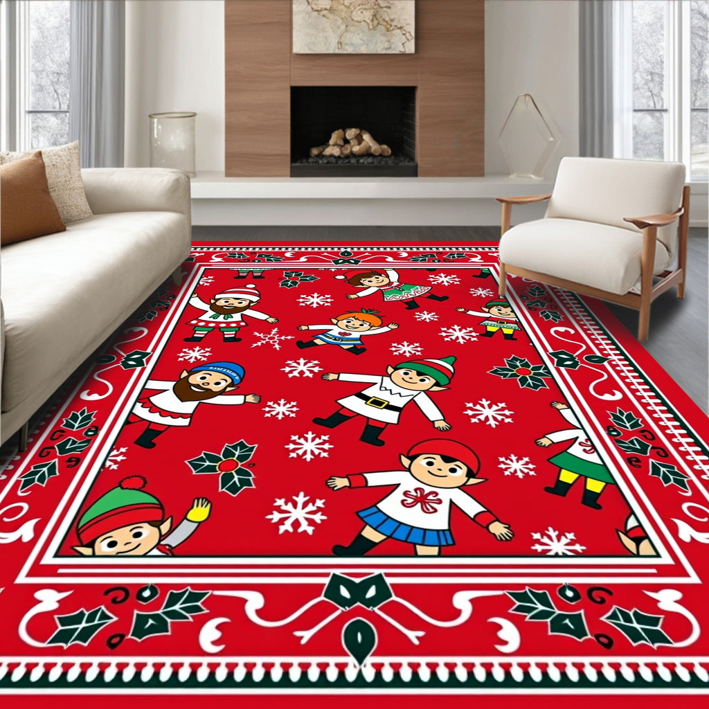 Whimsical Red Elves Snowflake Christmas Rug
