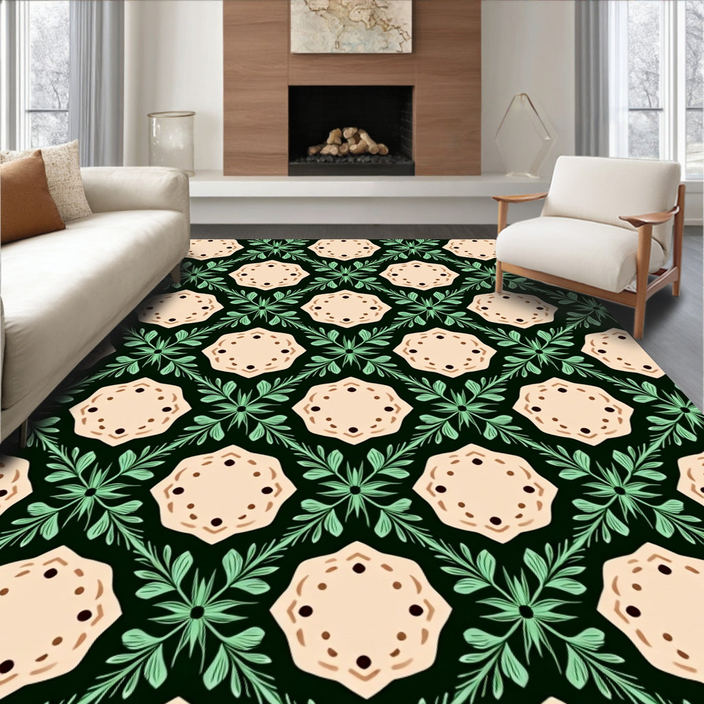 Pale Pink Floral Geometric Green Accents Rug