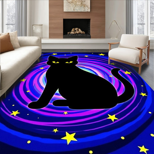 Black Cat Yellow Starry Swirl Rug