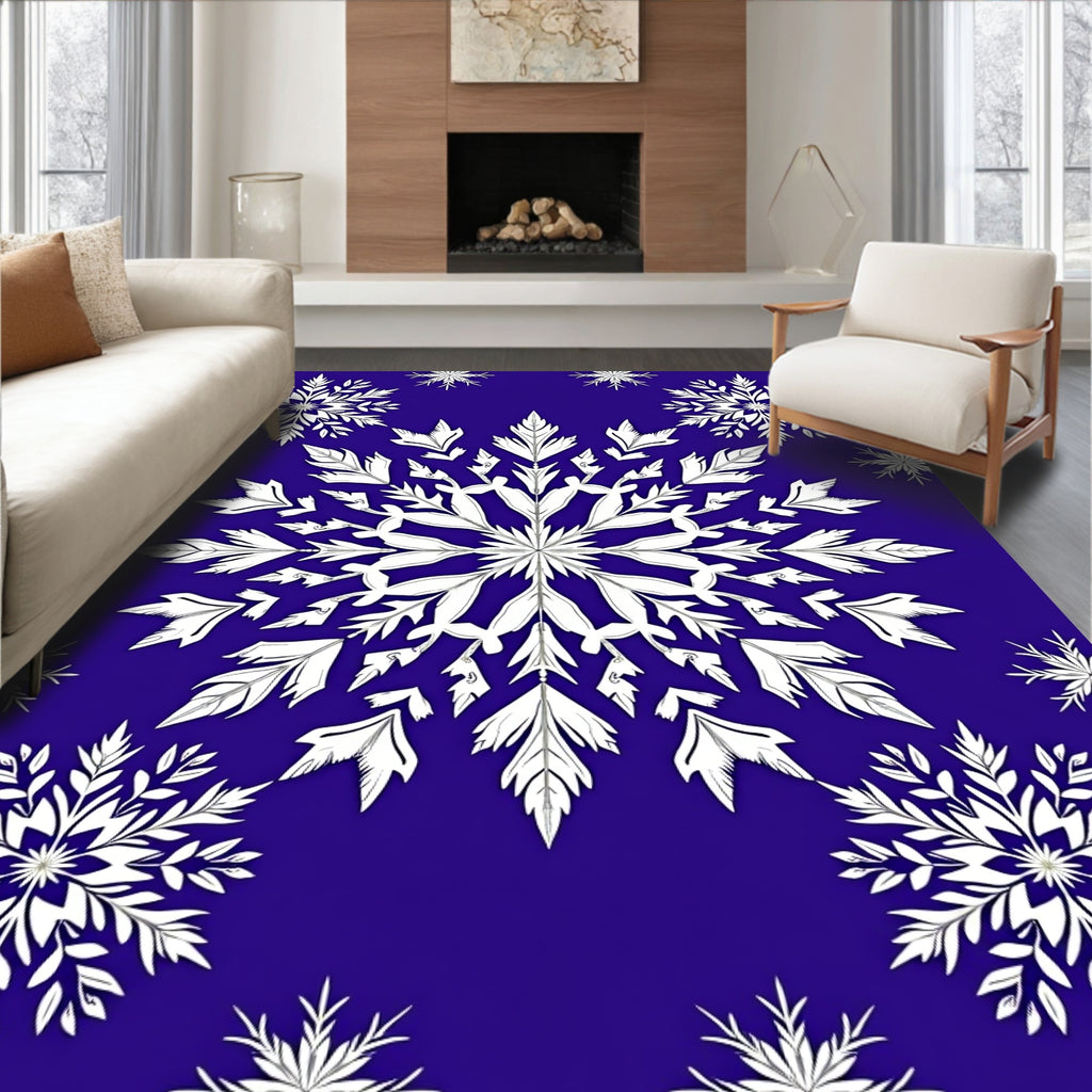 White Snowflake Ice Blue Festive Rug