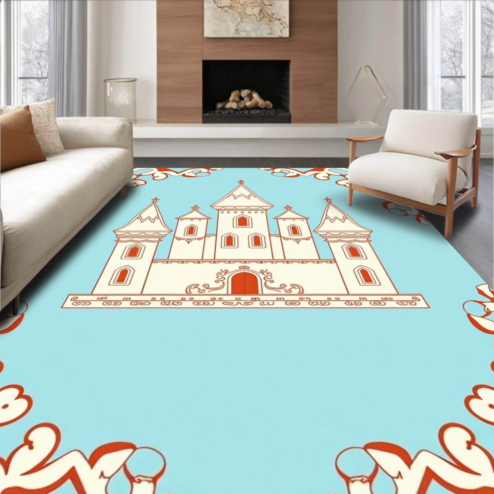 Whimsical Castle Sky Blue Orange Rug