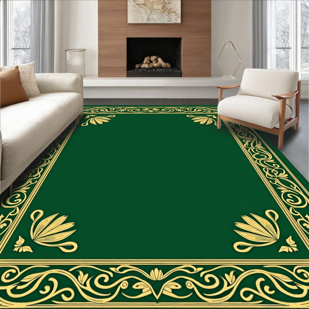 Emerald Green Floral Scroll Border Rug