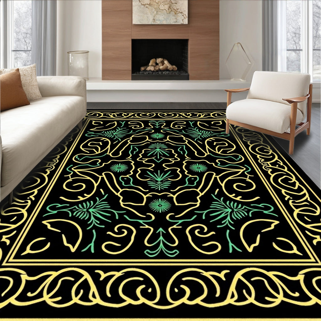 Black Yellow Green Floral Swirl Rug