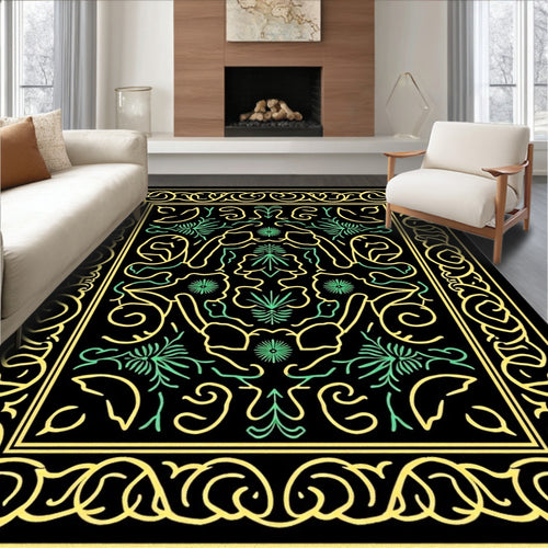 Black Yellow Green Floral Swirl Rug