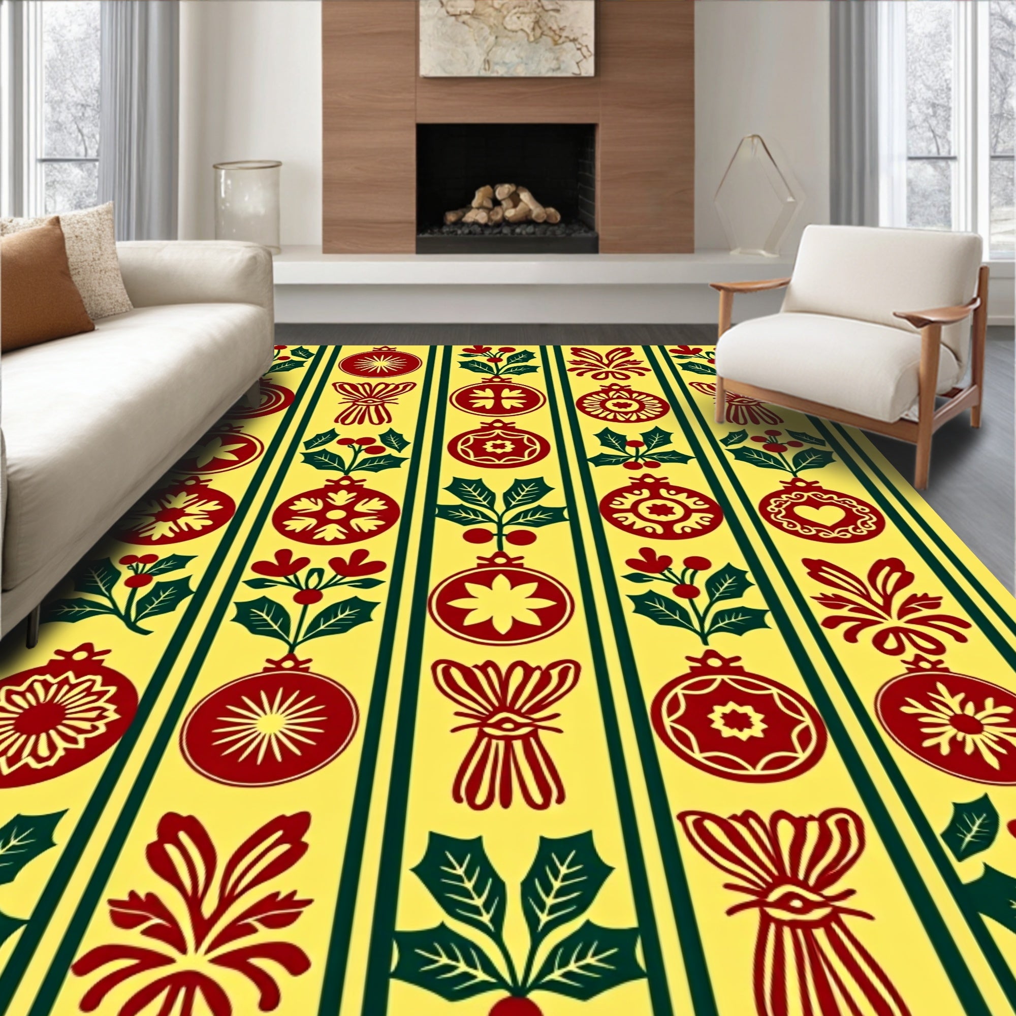 Festive Red Green Holiday Ornaments Rug