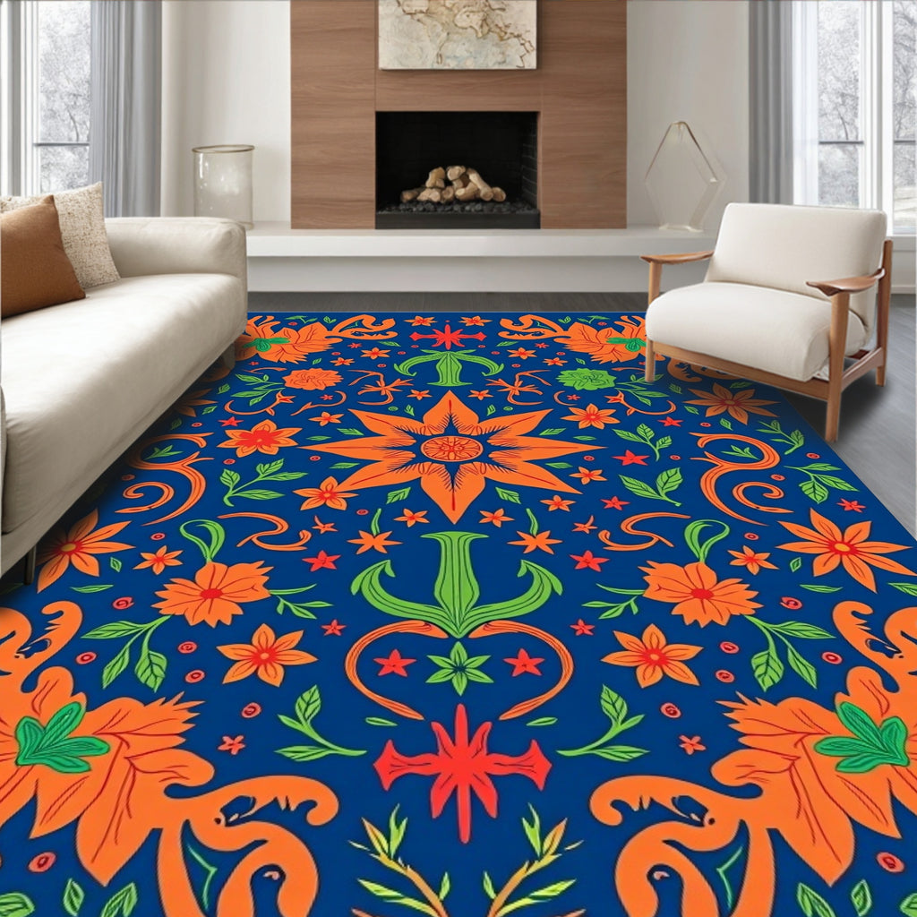 Vibrant Orange Floral Garden Navy Rug