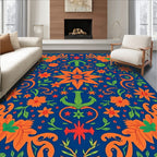 Vibrant Orange Floral Garden Navy Rug