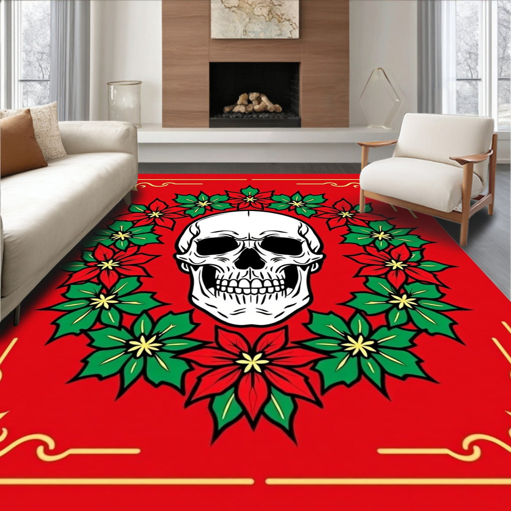 Crimson Skull Floral Wreath Rug