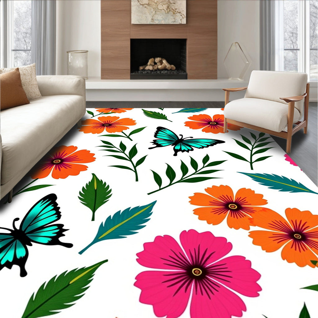 Bright Floral Butterfly Garden Vibe Rug