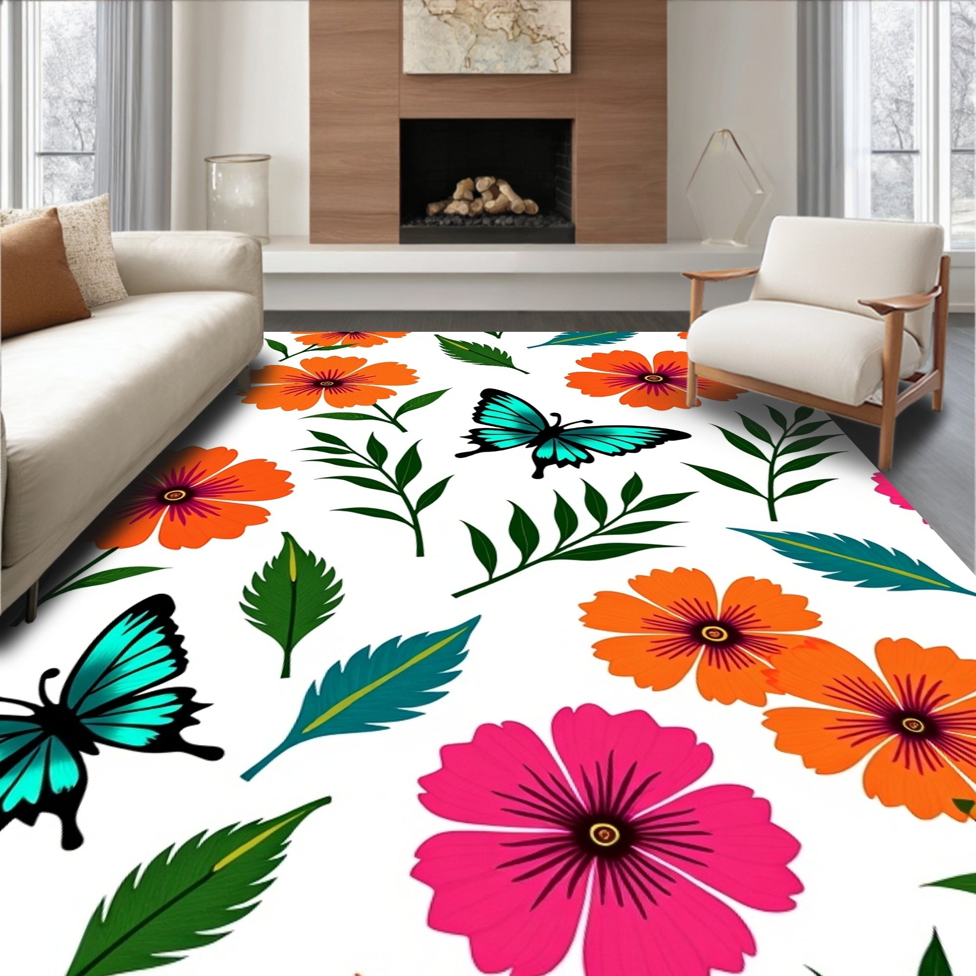 Bright Floral Butterfly Garden Vibe Rug