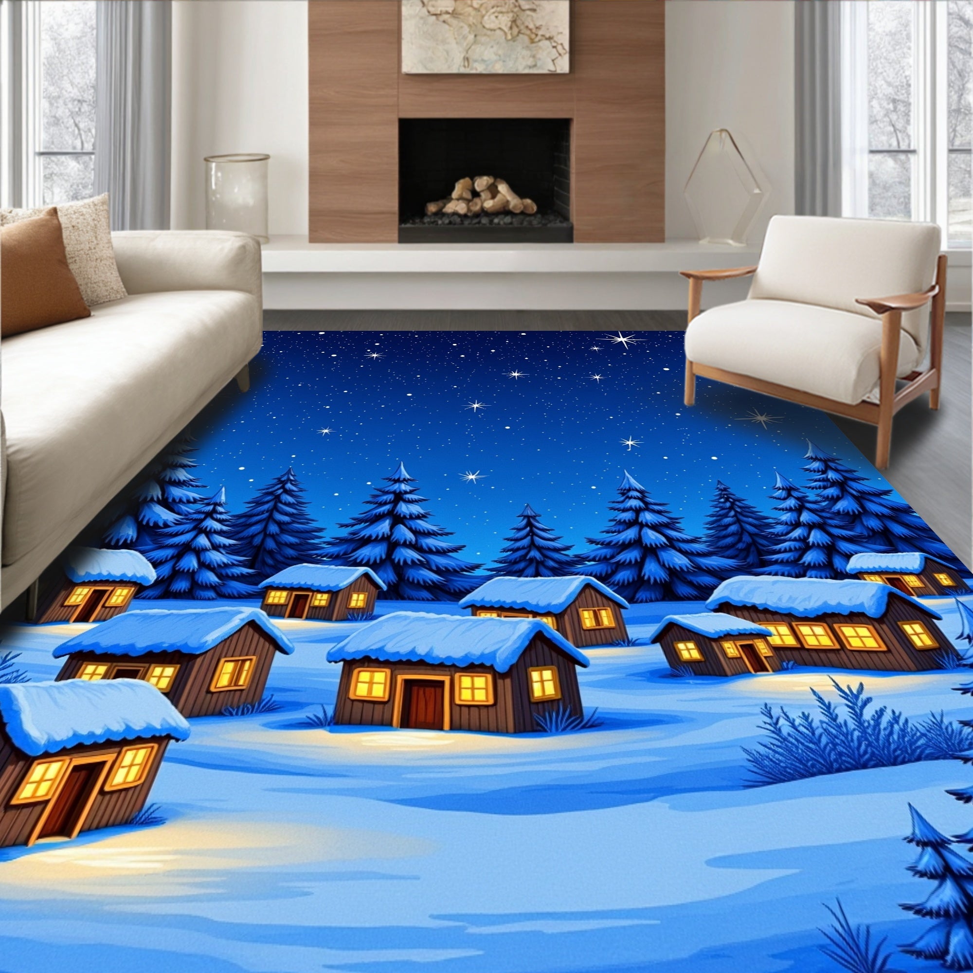 Cozy Winter Vilage Starry Night Rug