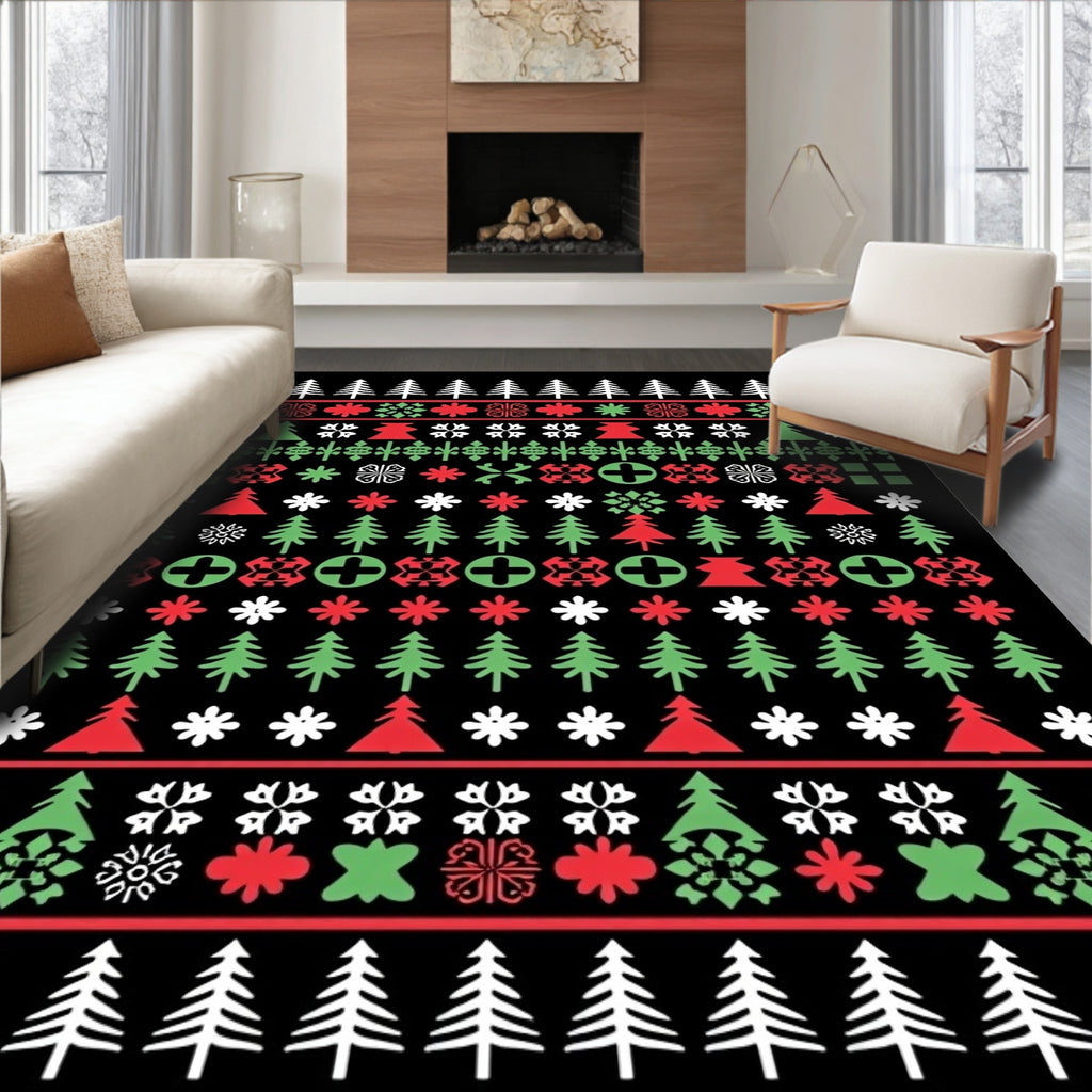 Red Green White Christmas Trees Snowflakes Rug