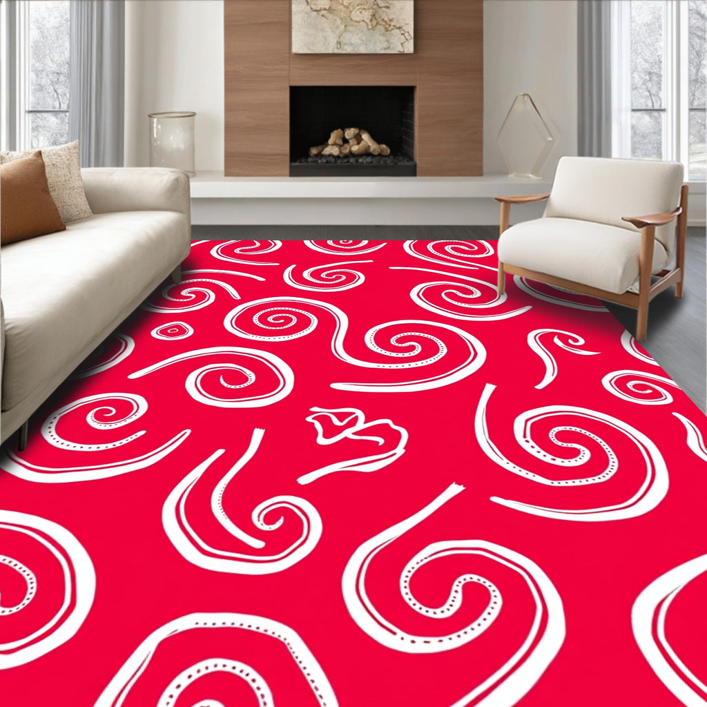 Crimson White Abstract Swirl Scroll Rug