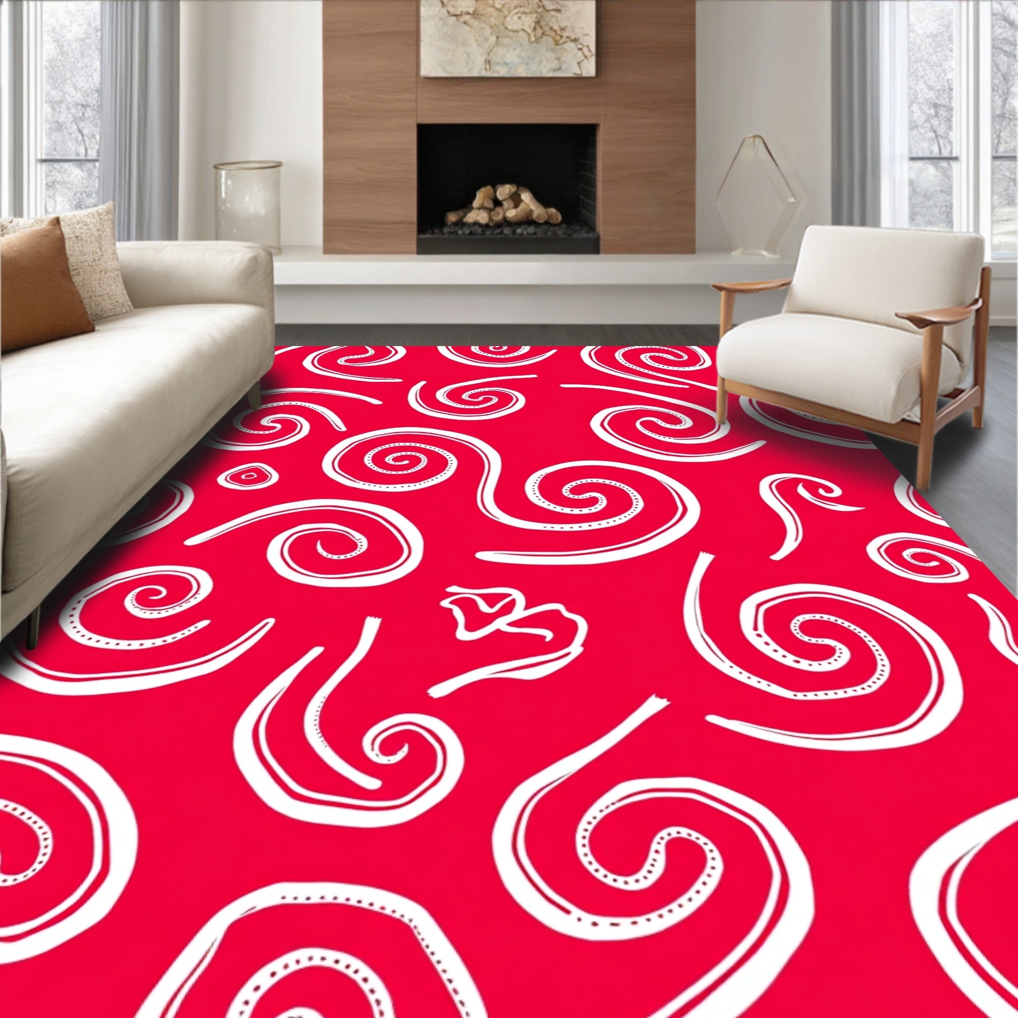 Crimson White Abstract Swirl Scroll Rug