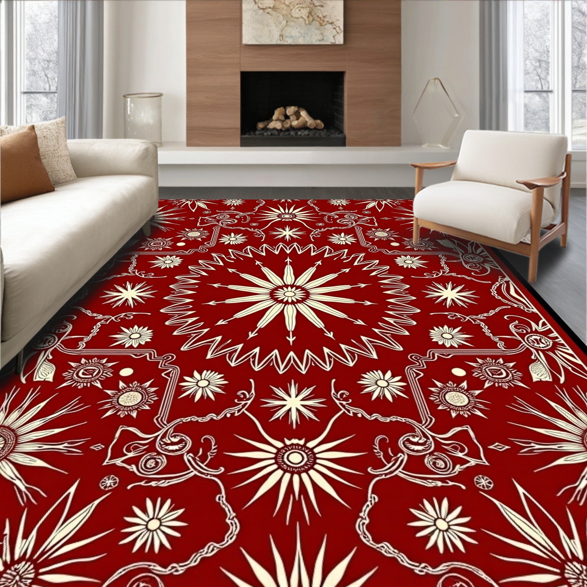 Crimson Sunburst Detailed Mandala Rug