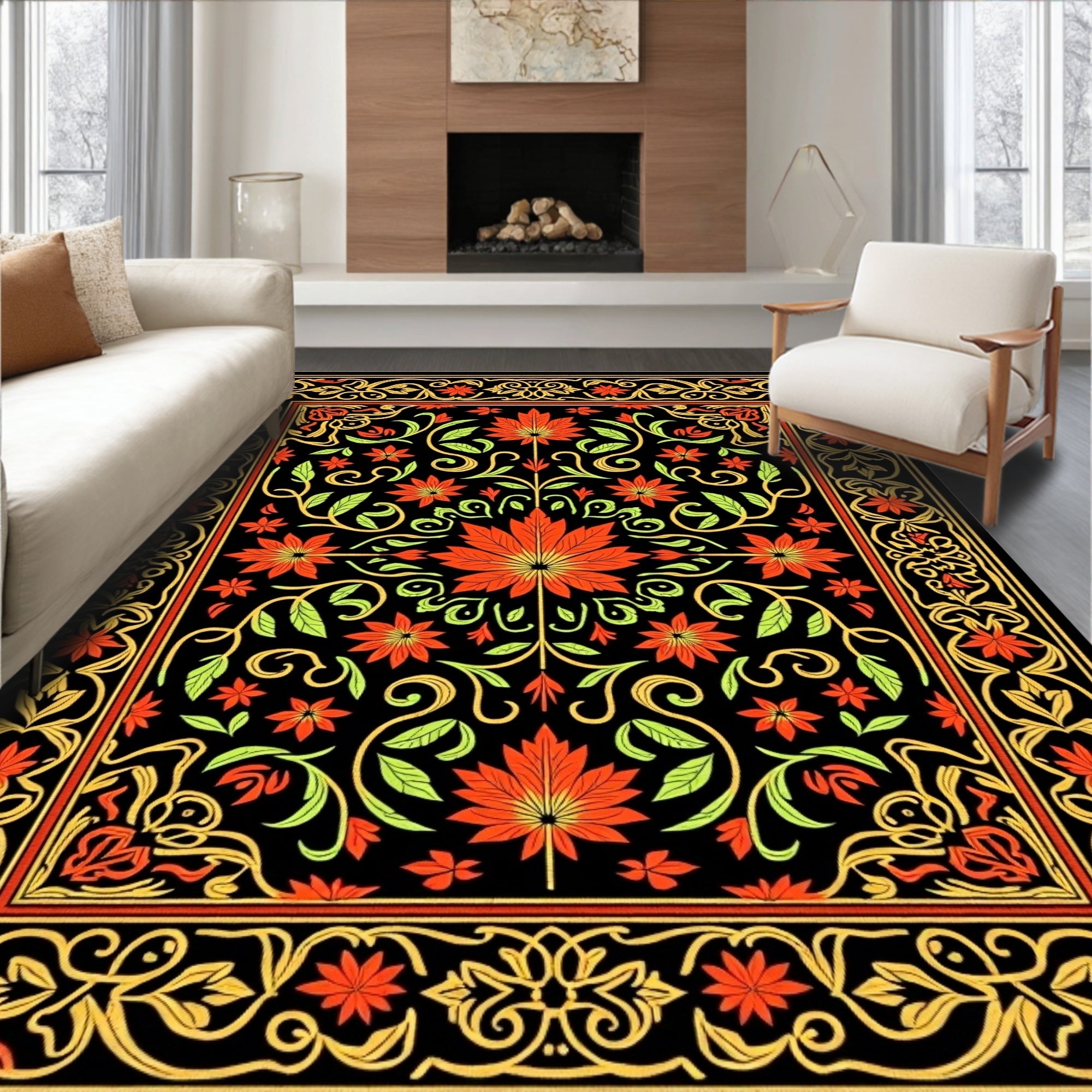 Ornate Gold Red Leafy Vine Classic Rug