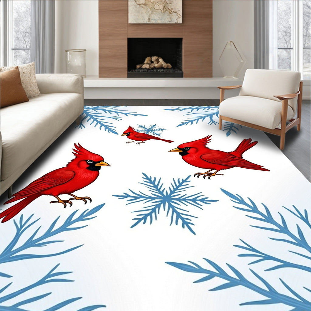 Red Cardinals Blue Snowflakes Winter Scene Rug