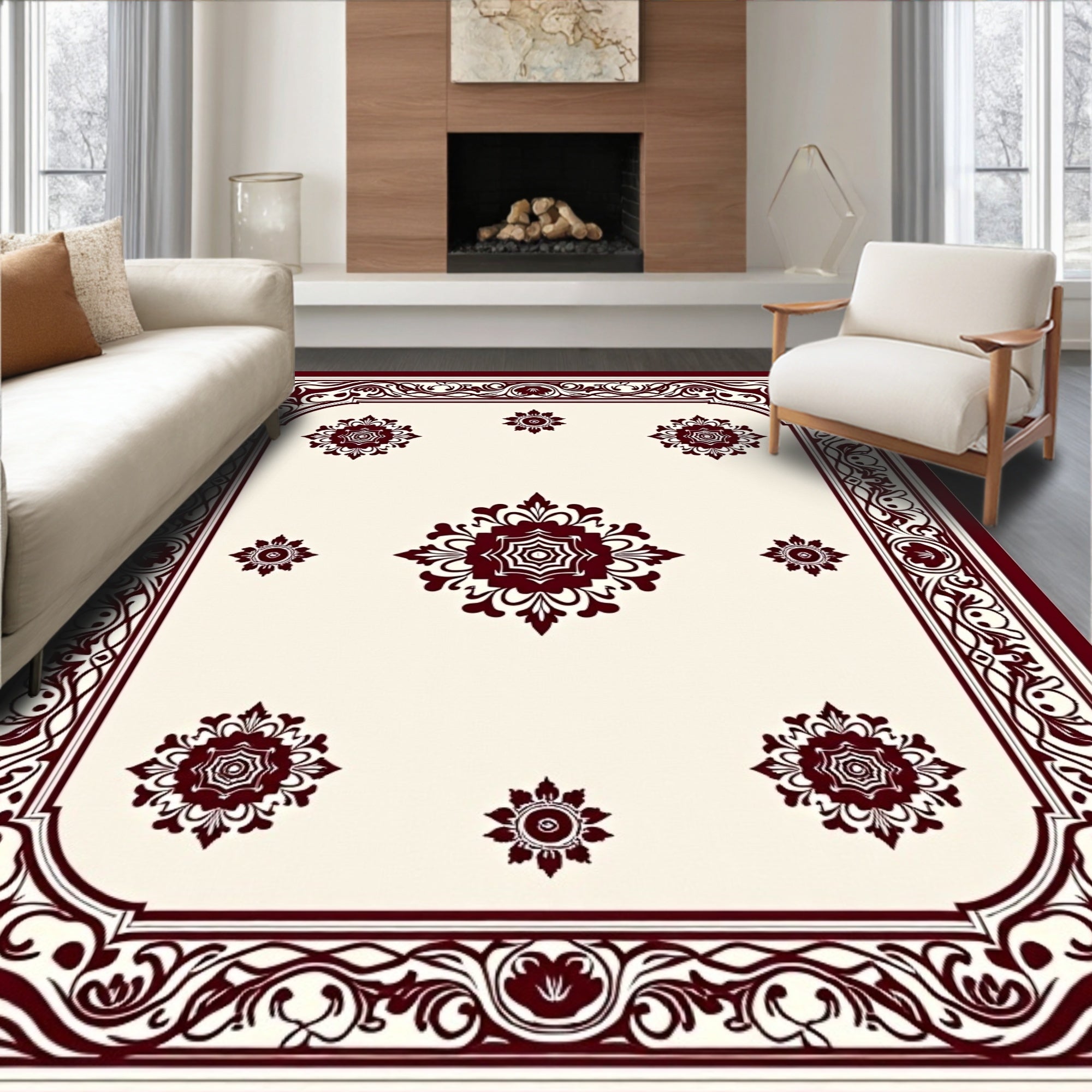 Cream and Burgundy Floral Medallion Rug