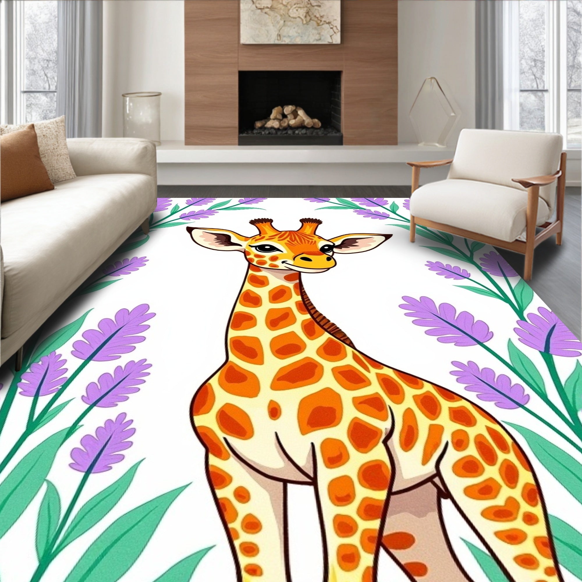 Whimsical Giraffe with Lavender Sprigs Rug