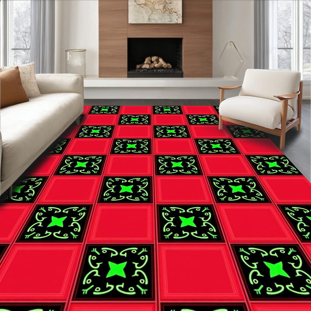 Crimson Red Black Neon Geometric Rug