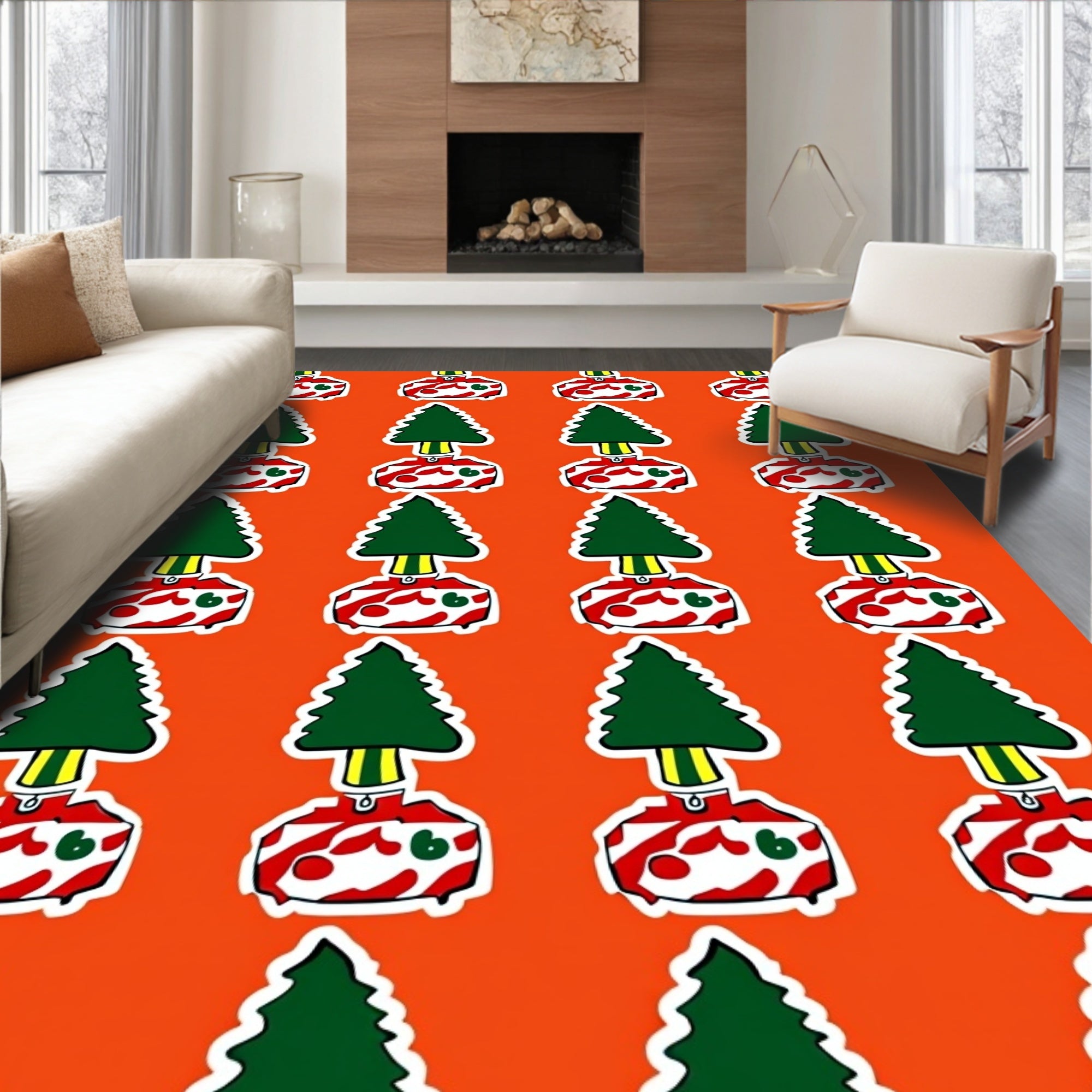 Festive Red White Tree Accents Rug