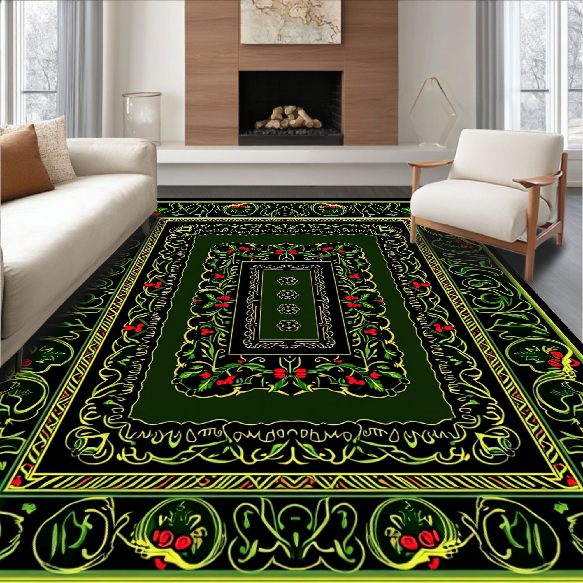 Ornate Green Floral Vine Medallion Rug
