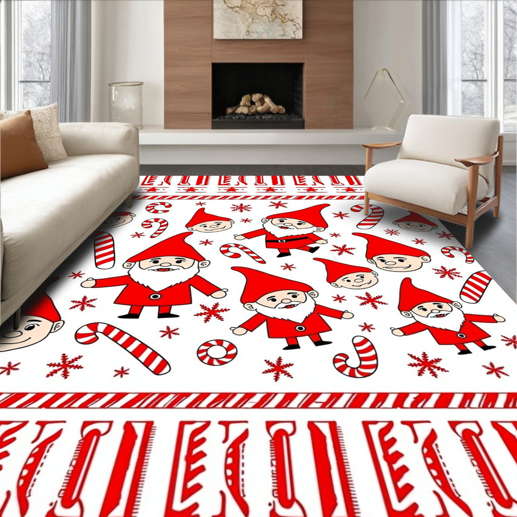 Red Gnomes Candy Cane Snowflake Border Rug